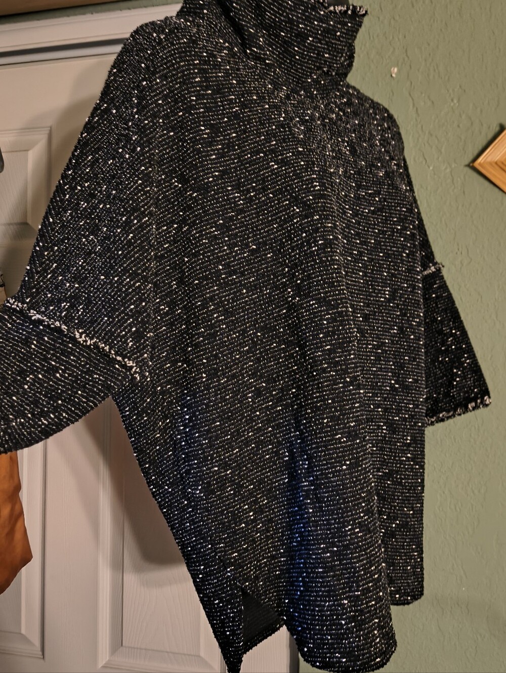 Max Studio Black White Tweed Fringe Mock Neck Dolman Tunic Top Size S - Picture 9 of 13
